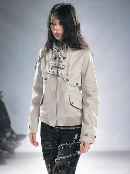 Cest Nous Detachable Punk Style Long Sleeve Zipper Women Black Grey Cotton Blend Jacket