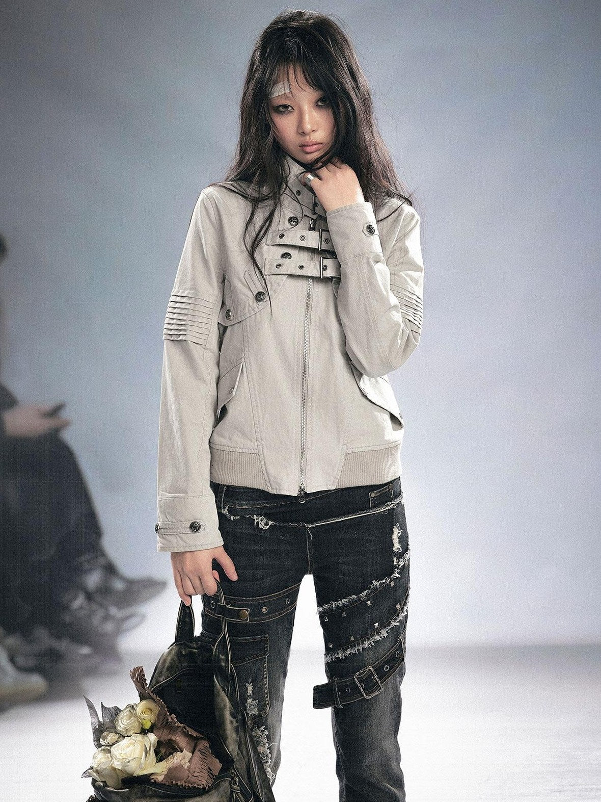 Cest Nous Detachable Punk Style Long Sleeve Zipper Women Black Grey Cotton Blend Jacket