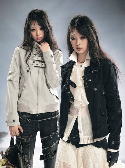 Cest Nous Detachable Punk Style Long Sleeve Zipper Women Black Grey Cotton Blend Jacket-1