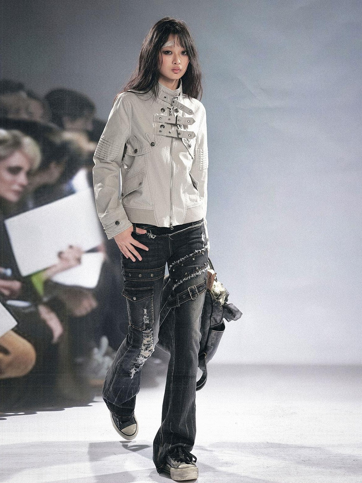 Cest Nous Detachable Punk Style Long Sleeve Zipper Women Black Grey Cotton Blend Jacket