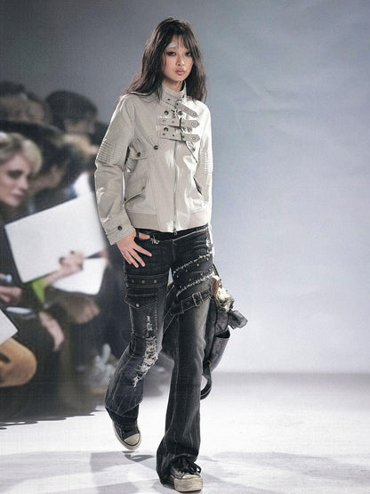 Cest Nous Detachable Punk Style Long Sleeve Zipper Women Black Grey Cotton Blend Jacket