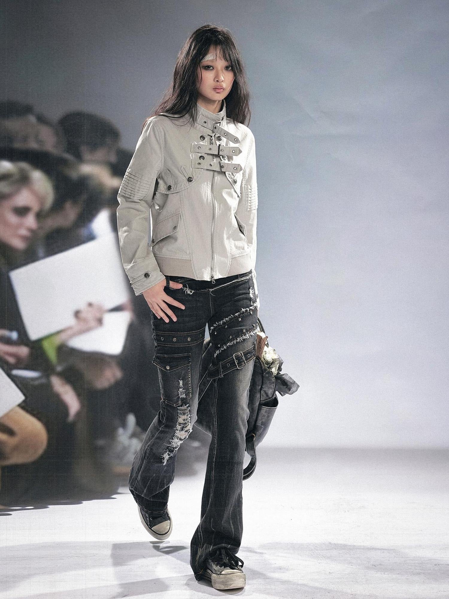 Cest Nous Detachable Punk Style Long Sleeve Zipper Women Black Grey Cotton Blend Jacket