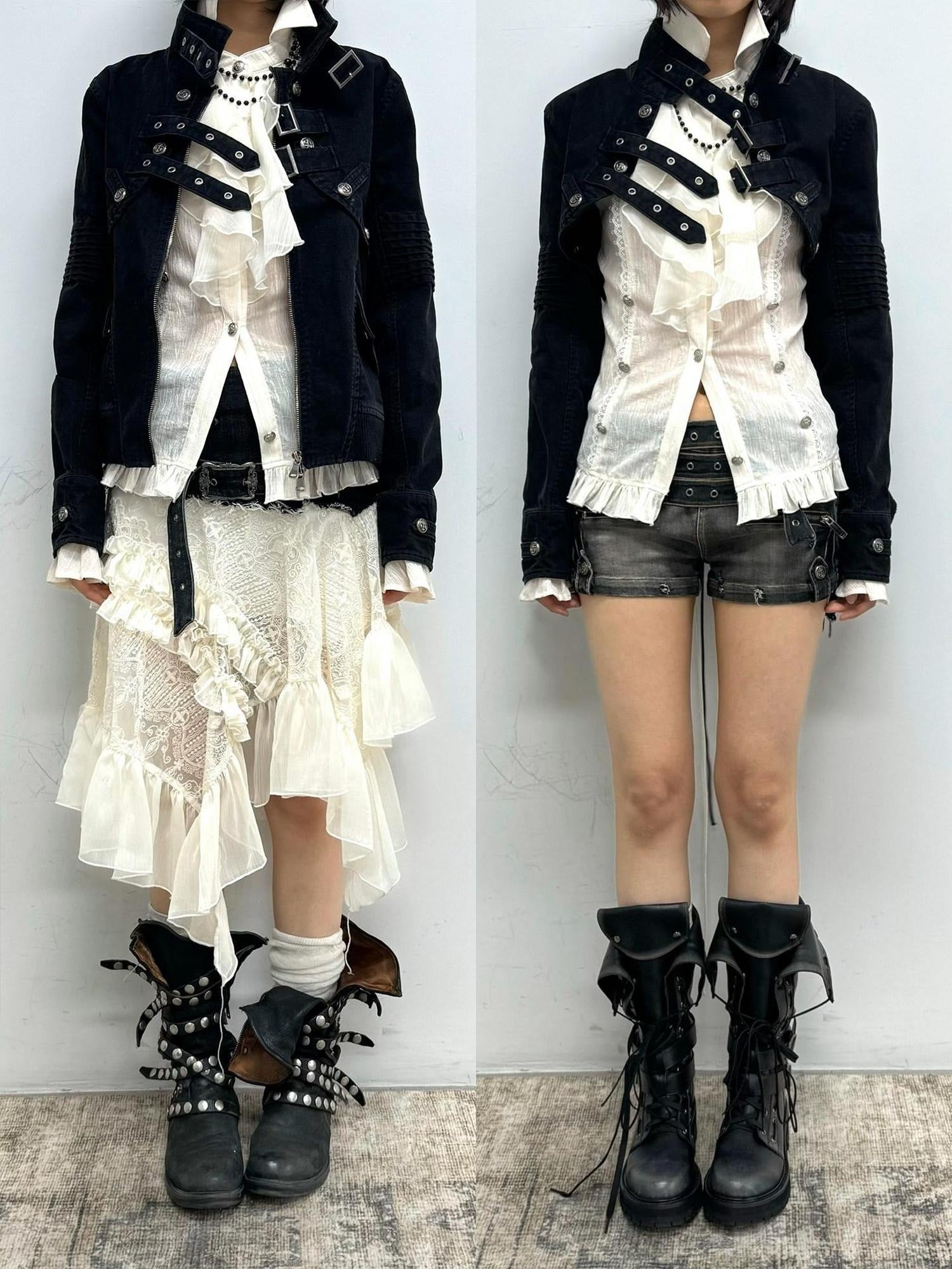 Cest Nous Detachable Punk Style Long Sleeve Zipper Women Black Grey Cotton Blend Jacket