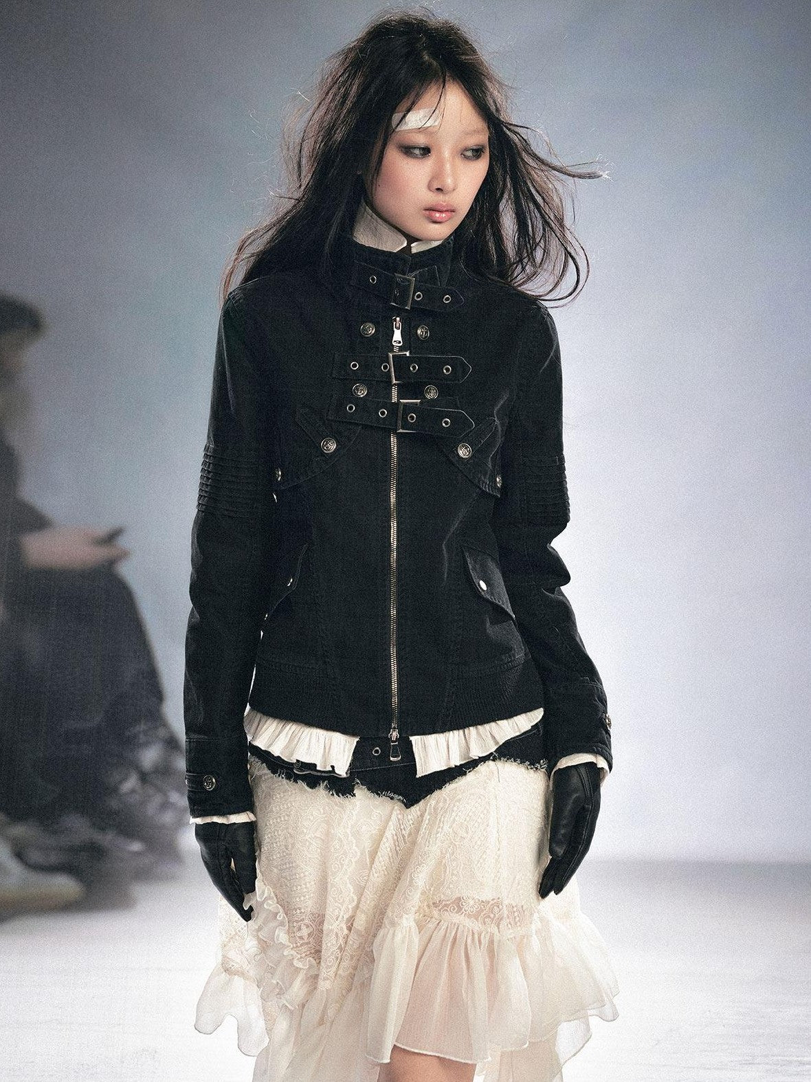 Cest Nous Detachable Punk Style Long Sleeve Zipper Women Black Grey Cotton Blend Jacket