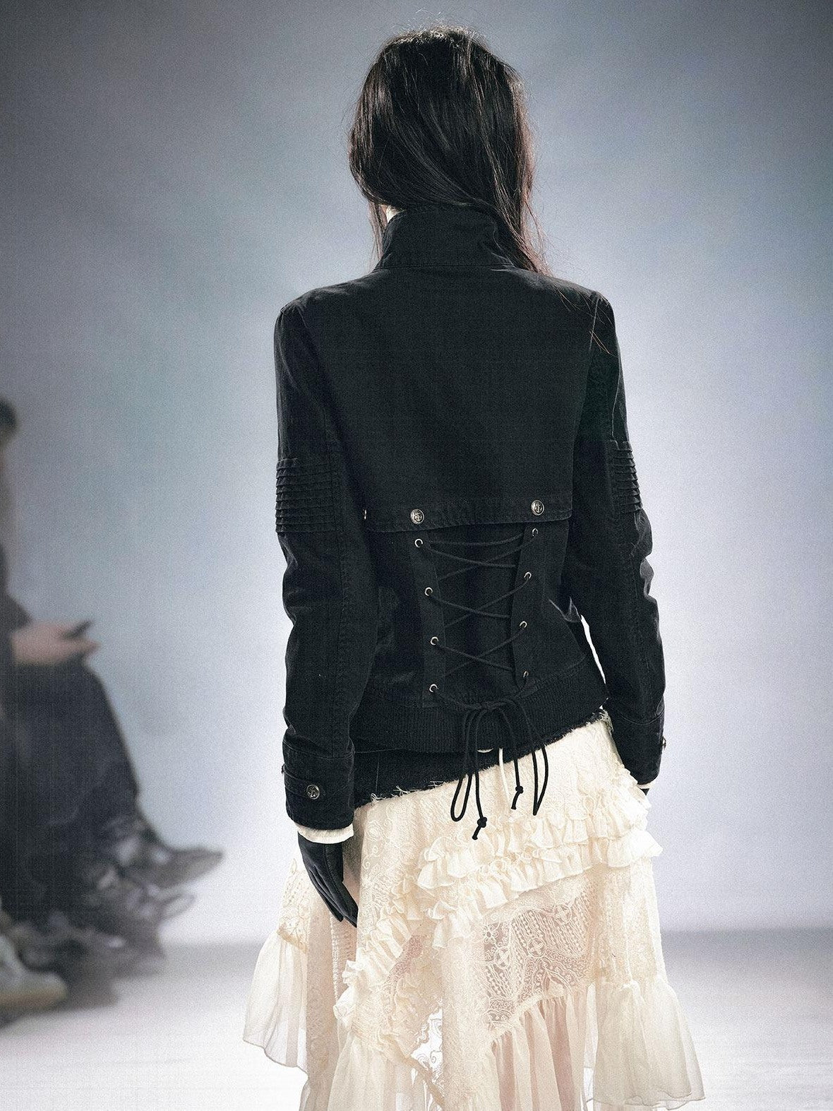 Cest Nous Detachable Punk Style Long Sleeve Zipper Women Black Grey Cotton Blend Jacket