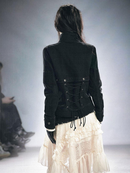 Cest Nous Detachable Punk Style Long Sleeve Zipper Women Black Grey Cotton Blend Jacket