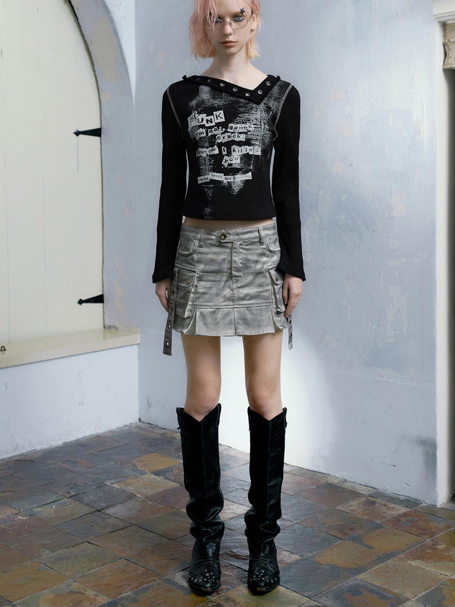 Cest Nous Dirty Wash Utility Pleated Skirt