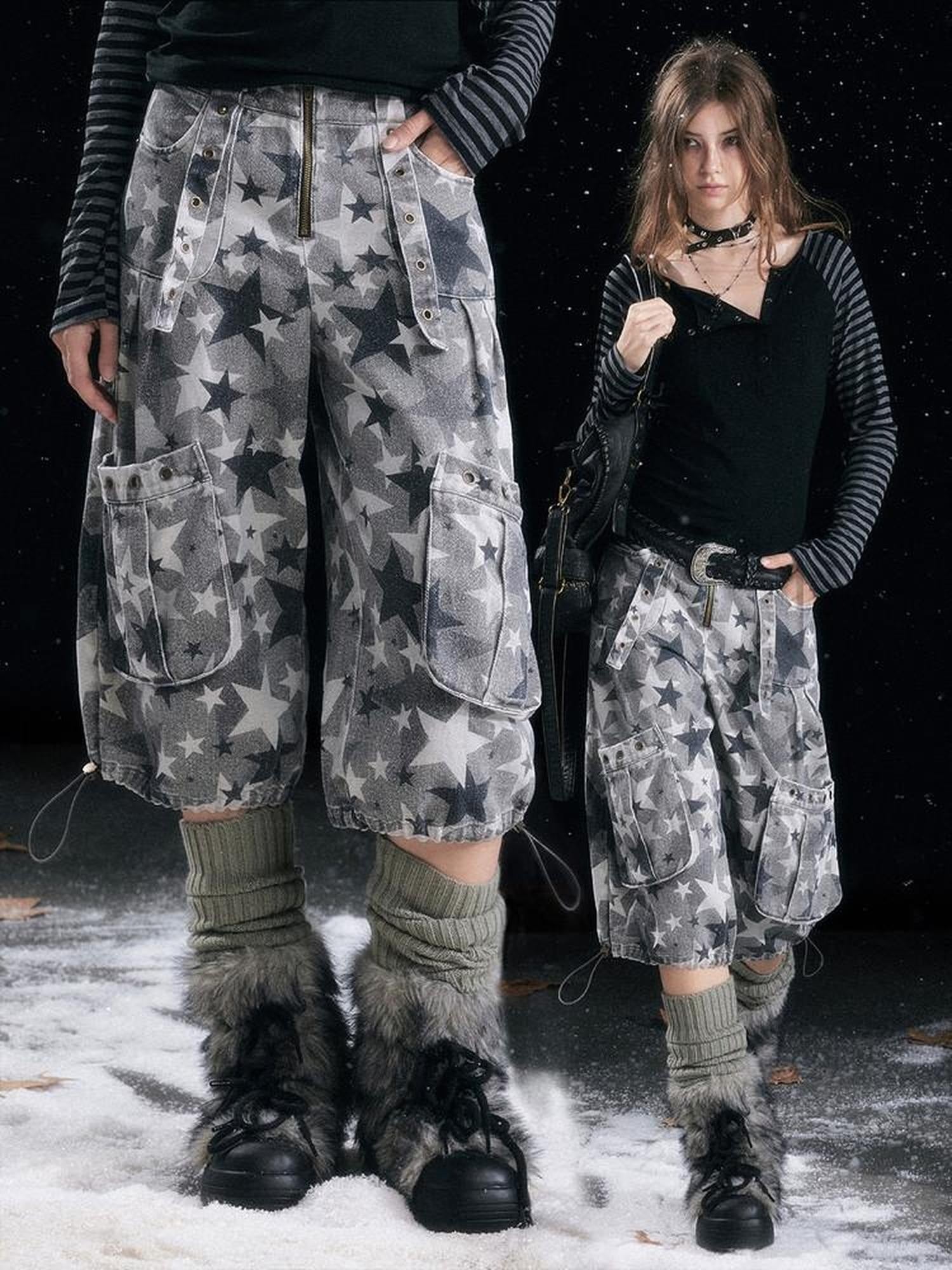 Cest Nous Distressed Camouflage Cargo Natural Waist Cuffed Straight Leg Women Pants