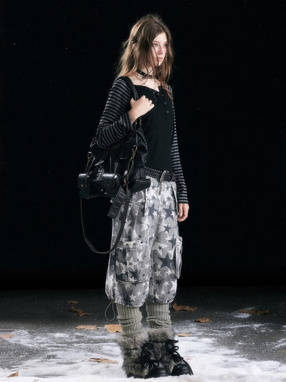 Cest Nous Distressed Camouflage Cargo Natural Waist Cuffed Straight Leg Women Pants