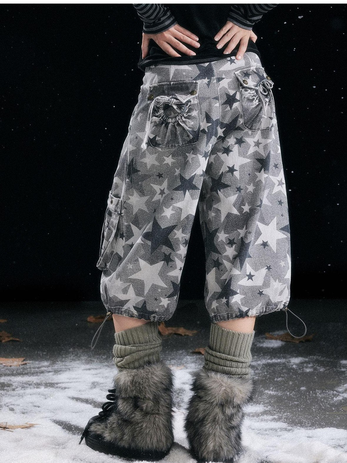 Cest Nous Distressed Camouflage Cargo Natural Waist Cuffed Straight Leg Women Pants