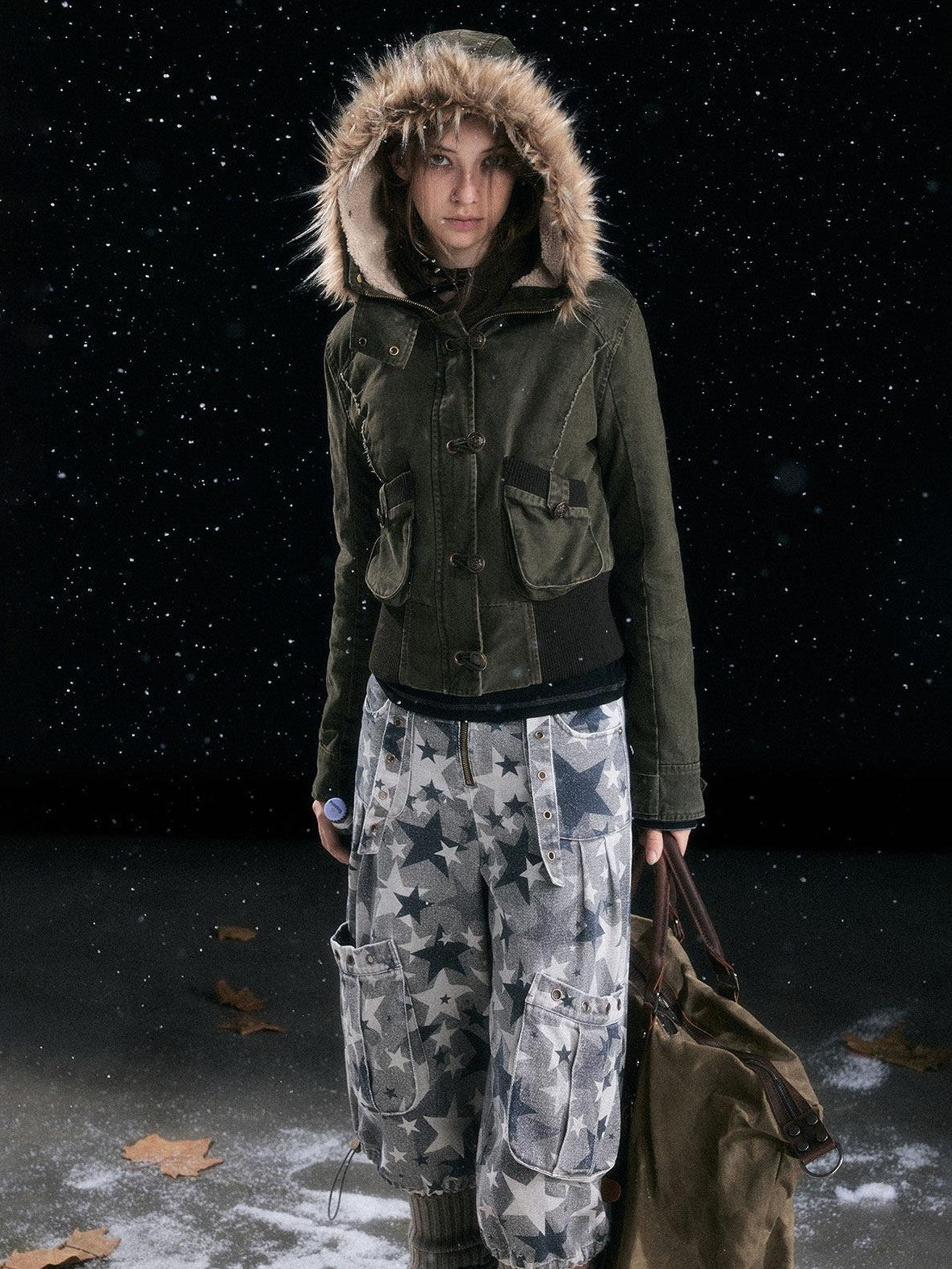 Cest Nous Distressed Camouflage Cargo Natural Waist Cuffed Straight Leg Women Pants