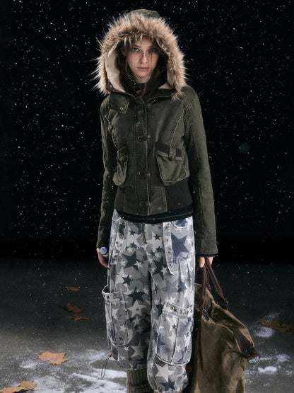 Cest Nous Distressed Camouflage Cargo Natural Waist Cuffed Straight Leg Women Pants