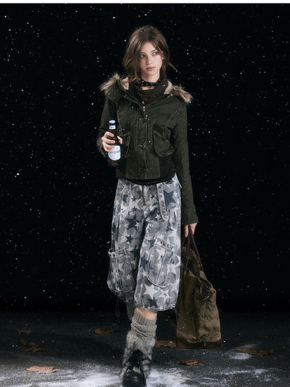 Cest Nous Distressed Camouflage Cargo Natural Waist Cuffed Straight Leg Women Pants