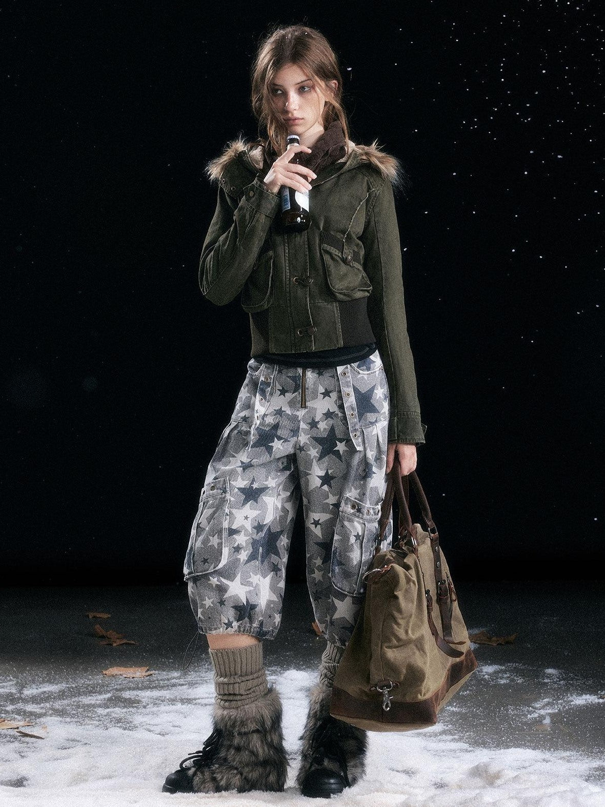 Cest Nous Distressed Camouflage Cargo Natural Waist Cuffed Straight Leg Women Pants