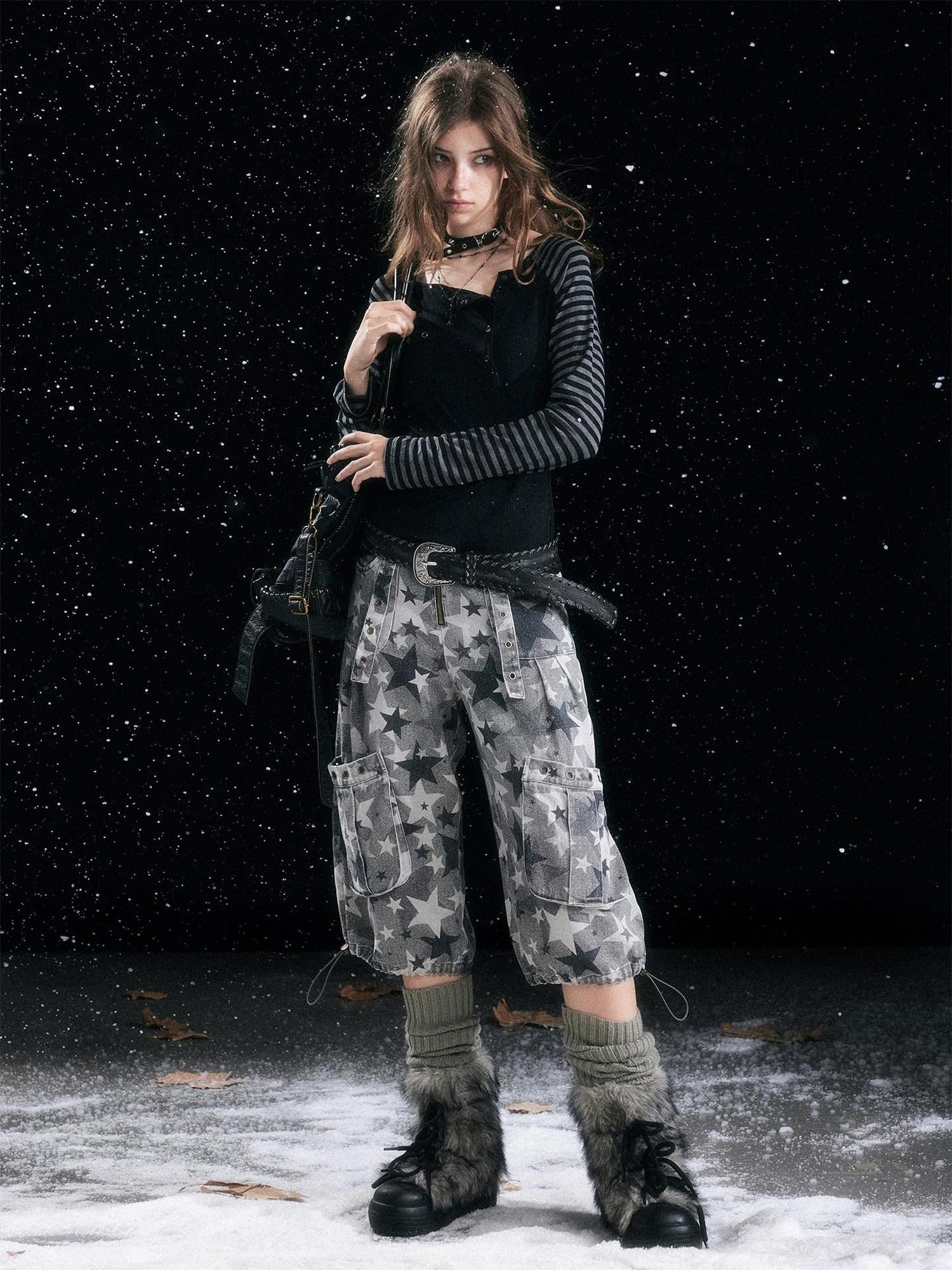 Cest Nous Distressed Camouflage Cargo Natural Waist Cuffed Straight Leg Women Pants