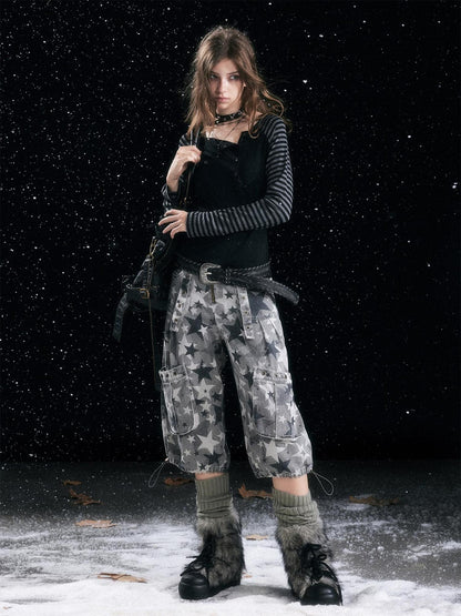 Cest Nous Distressed Camouflage Cargo Natural Waist Cuffed Straight Leg Women Pants