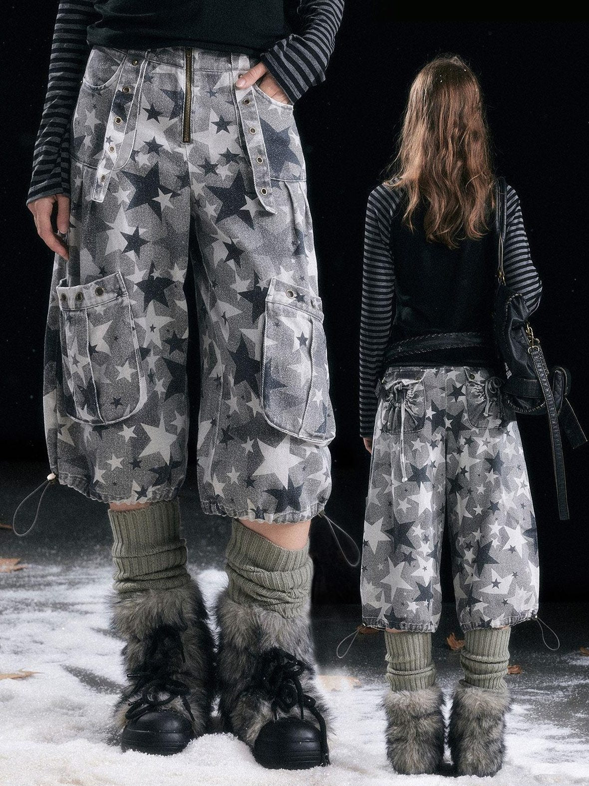 Cest Nous Distressed Camouflage Cargo Natural Waist Cuffed Straight Leg Women Pants