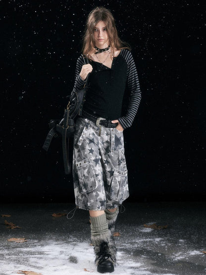 Cest Nous Distressed Camouflage Cargo Natural Waist Cuffed Straight Leg Women Pants