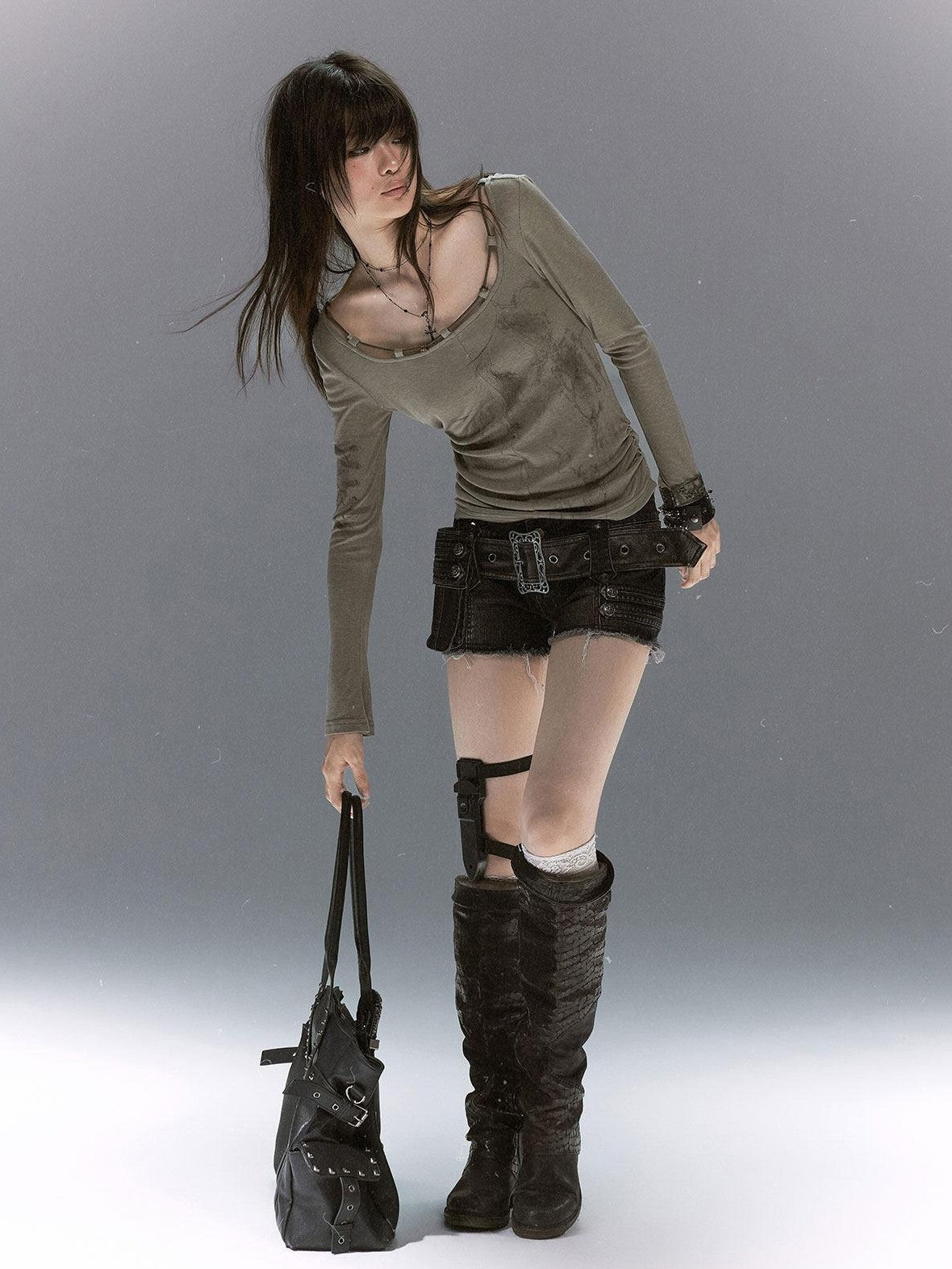 Cest Nous Distressed Detachable Leather Belt Slim Low Waist Women&