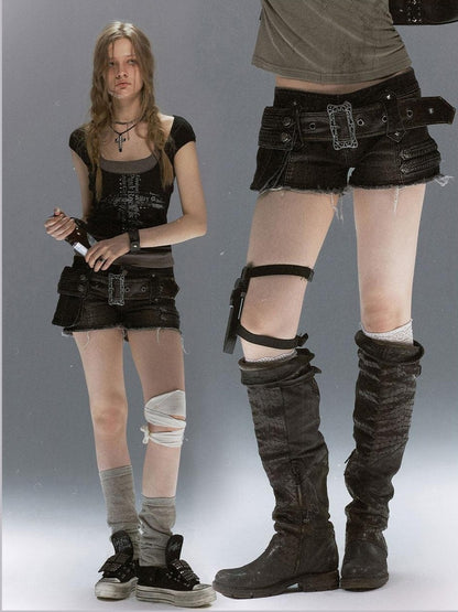 Cest Nous Distressed Detachable Leather Belt Slim Low Waist Women&
