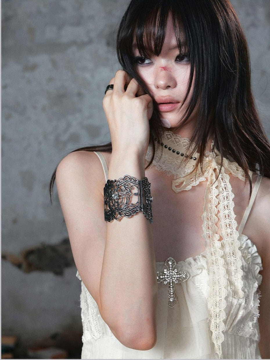 Cest Nous Distressed Hollow Carved Floral Cross Women&
