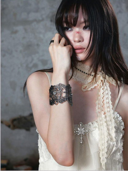 Cest Nous Distressed Hollow Carved Floral Cross Women&