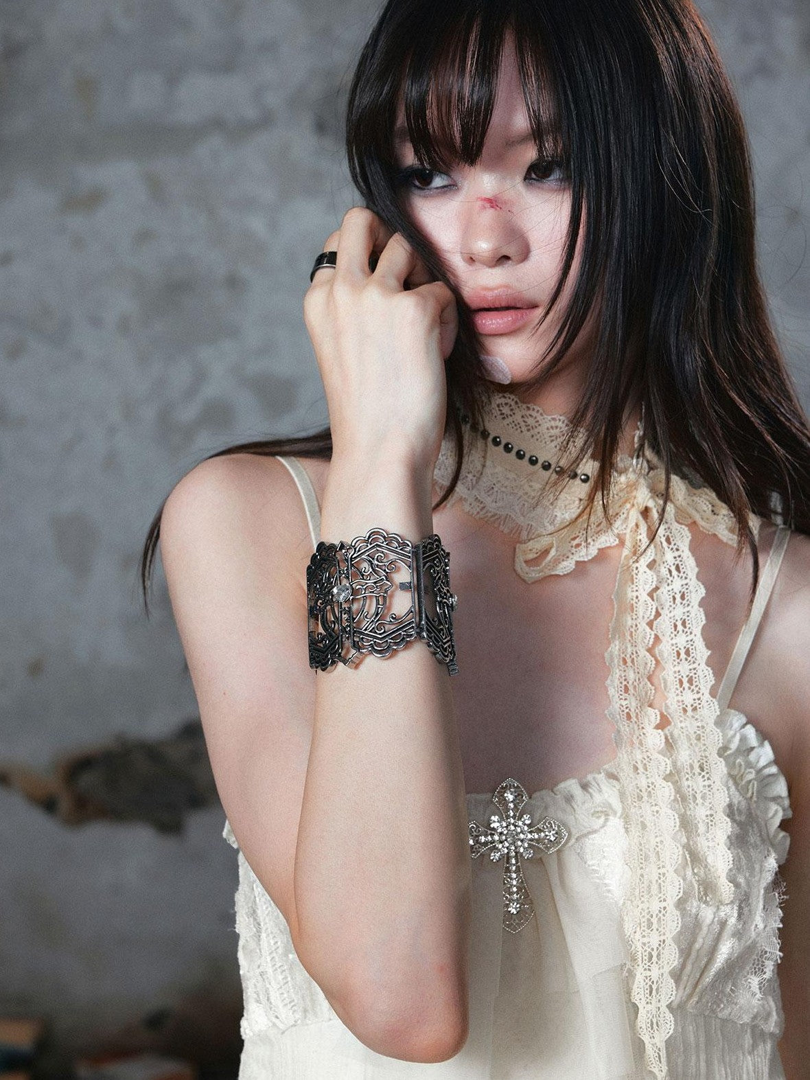 Cest Nous Distressed Hollow Carved Floral Cross Women&
