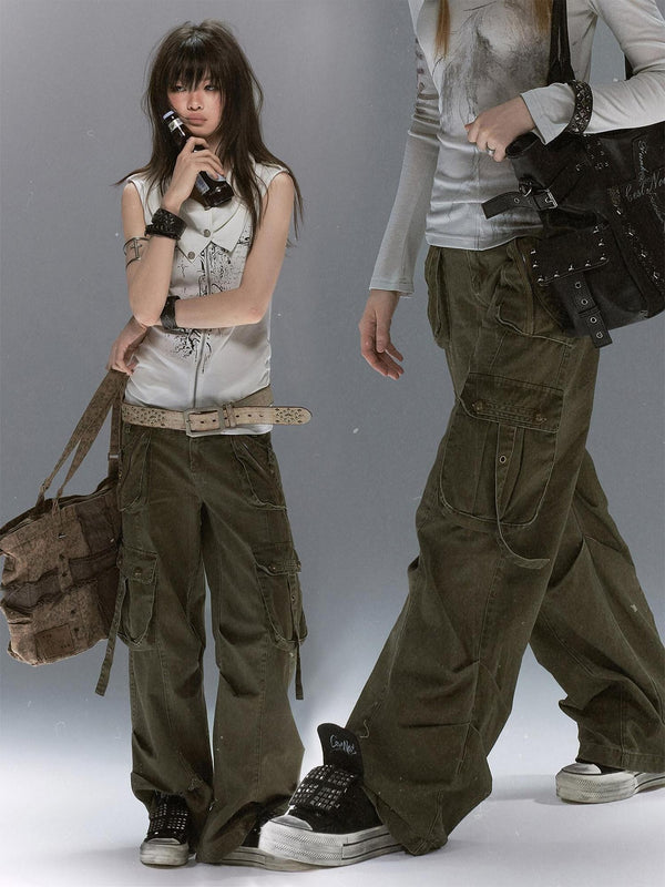 Distressed Multi Pocket Dual Waist Contrast Military Women's Cotton Cargo Pants