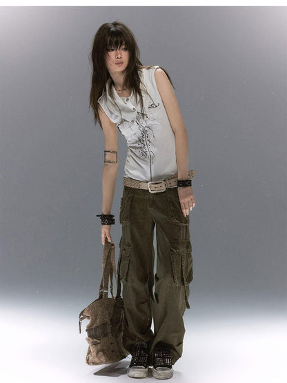Cest Nous Distressed Multi Pocket Dual Waist Contrast Military Women&