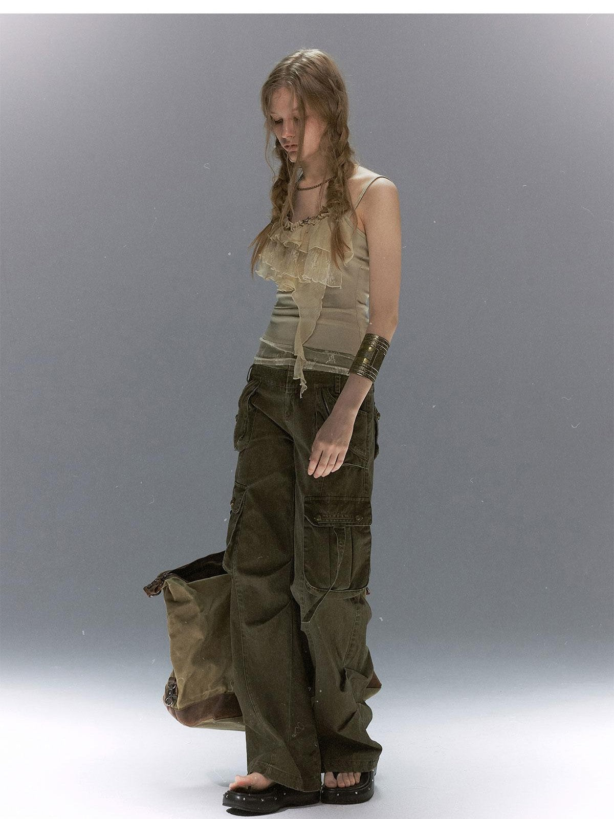 Cest Nous Distressed Multi Pocket Dual Waist Contrast Military Women&