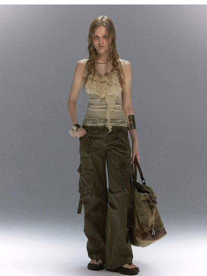 Cest Nous Distressed Multi Pocket Dual Waist Contrast Military Women&