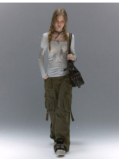 Cest Nous Distressed Multi Pocket Dual Waist Contrast Military Women&