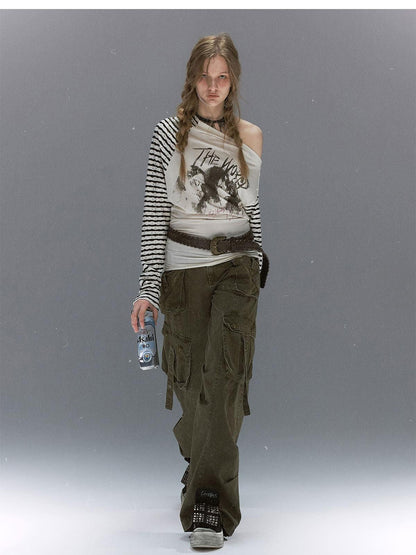 Cest Nous Distressed Multi Pocket Dual Waist Contrast Military Women&