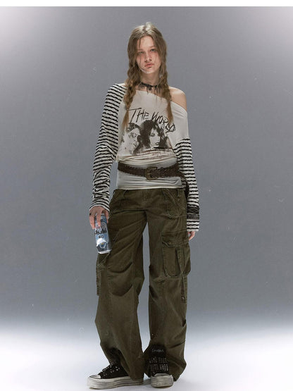 Cest Nous Distressed Multi Pocket Dual Waist Contrast Military Women&