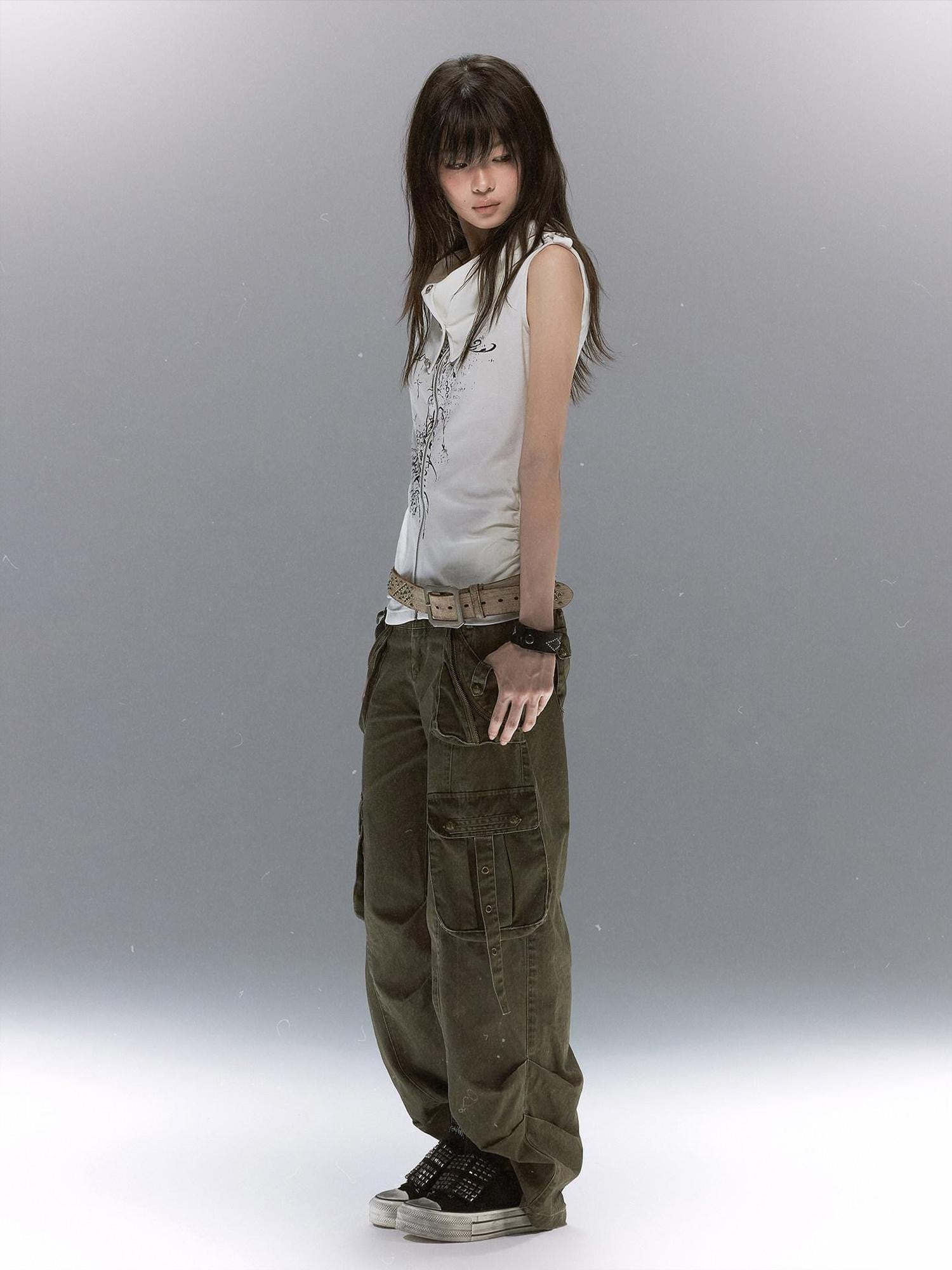 Cest Nous Distressed Multi Pocket Dual Waist Contrast Military Women&