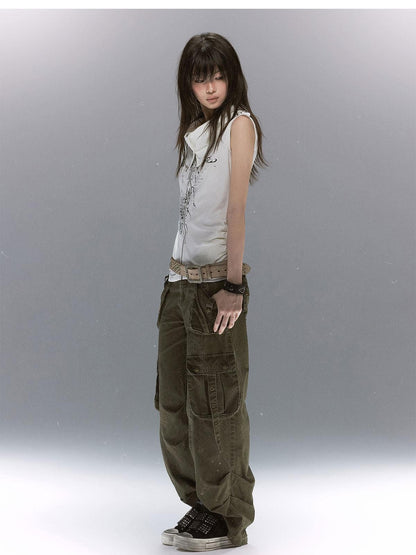 Cest Nous Distressed Multi Pocket Dual Waist Contrast Military Women&