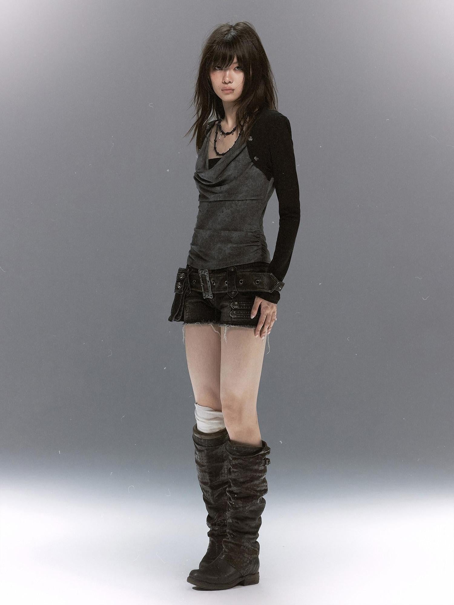 Cest Nous Distressed Print Draped Neck Layered Punk Women&
