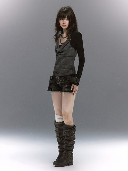 Cest Nous Distressed Print Draped Neck Layered Punk Women&
