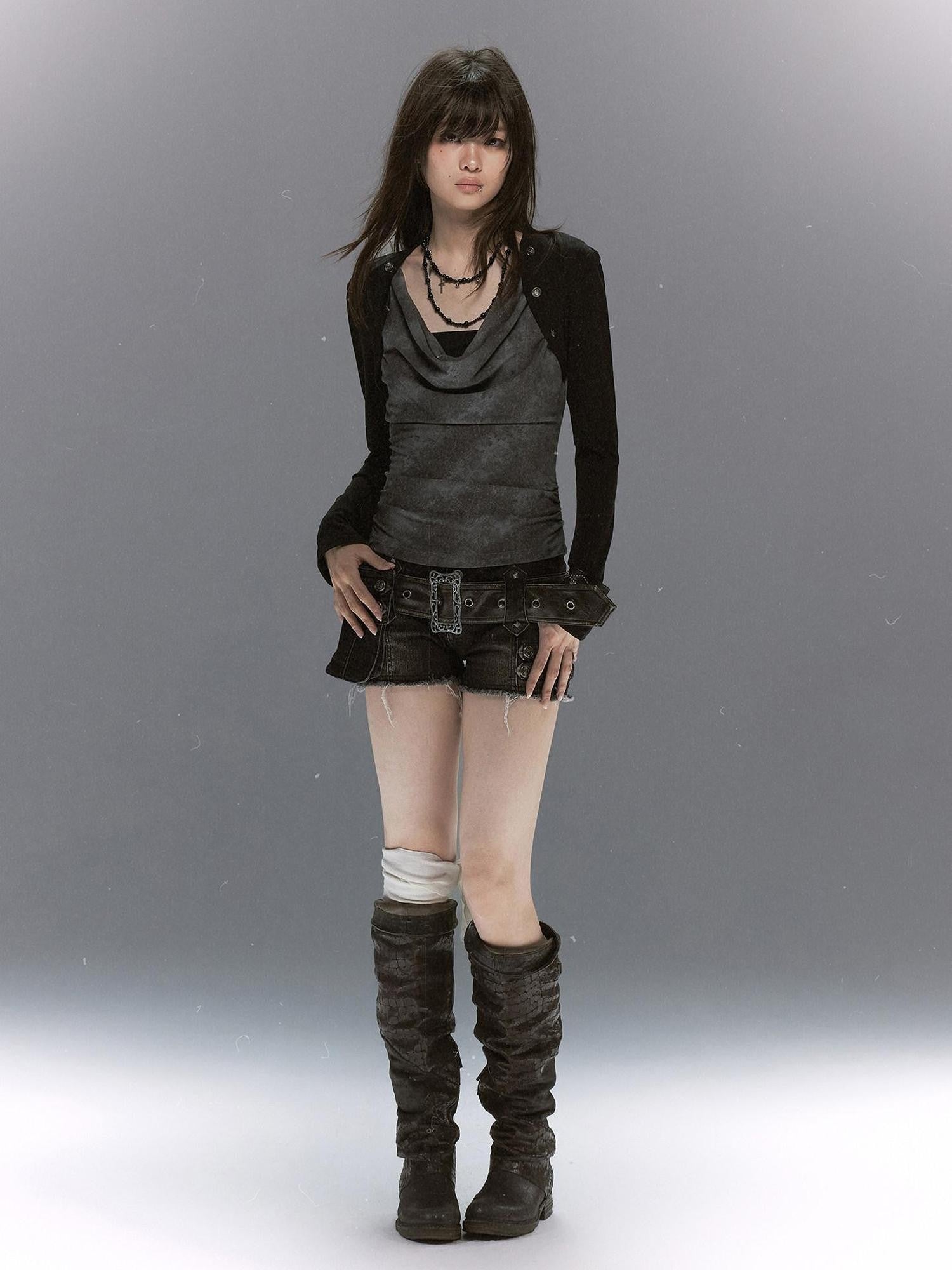 Cest Nous Distressed Print Draped Neck Layered Punk Women&