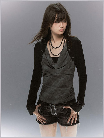 Cest Nous Distressed Print Draped Neck Layered Punk Women&