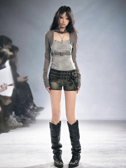 Cest Nous Distressed Punk Multi Belt Metal Buckle Low Waist Women&