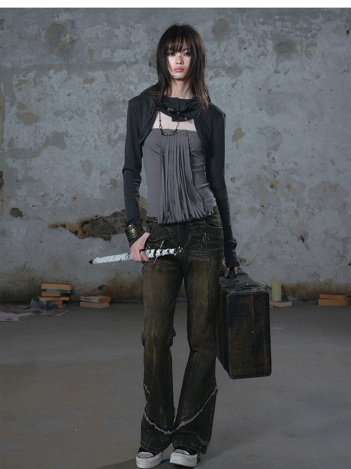Cest Nous Distressed Studded Mud Dye Raw Edge Women&