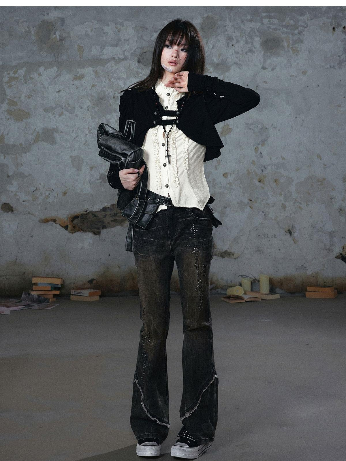 Cest Nous Distressed Studded Mud Dye Raw Edge Women&