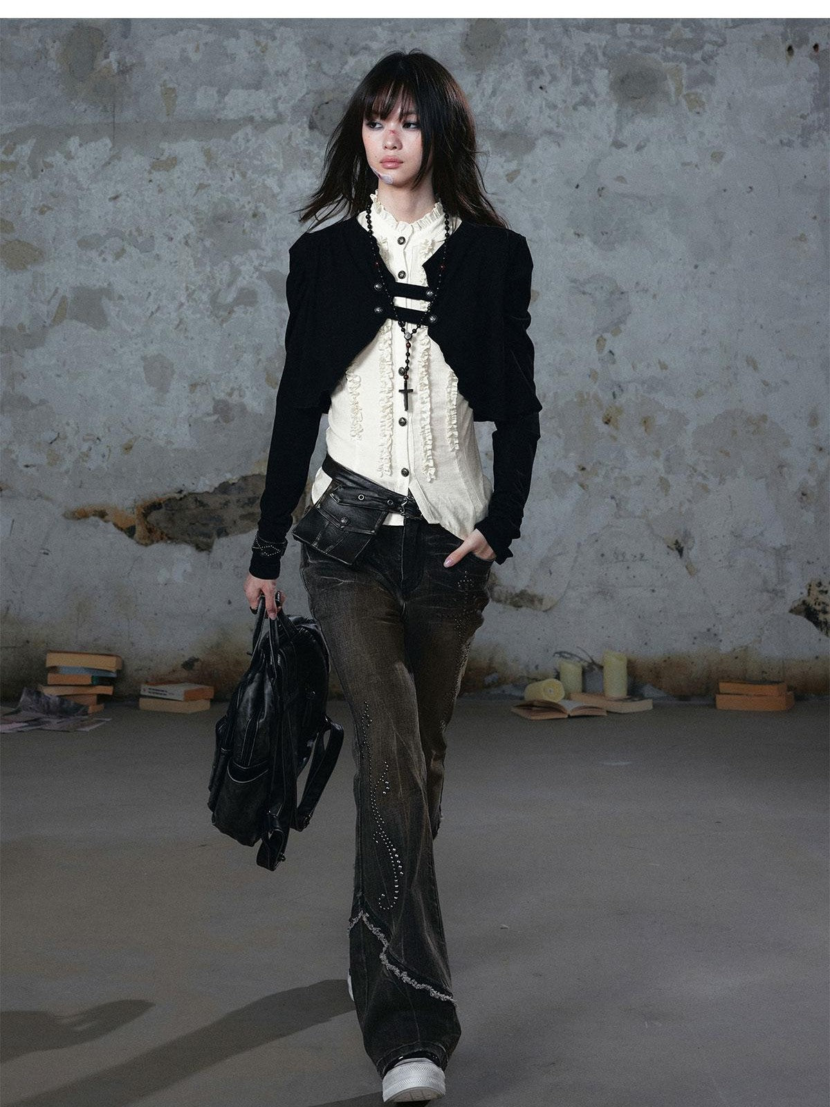 Cest Nous Distressed Studded Mud Dye Raw Edge Women&
