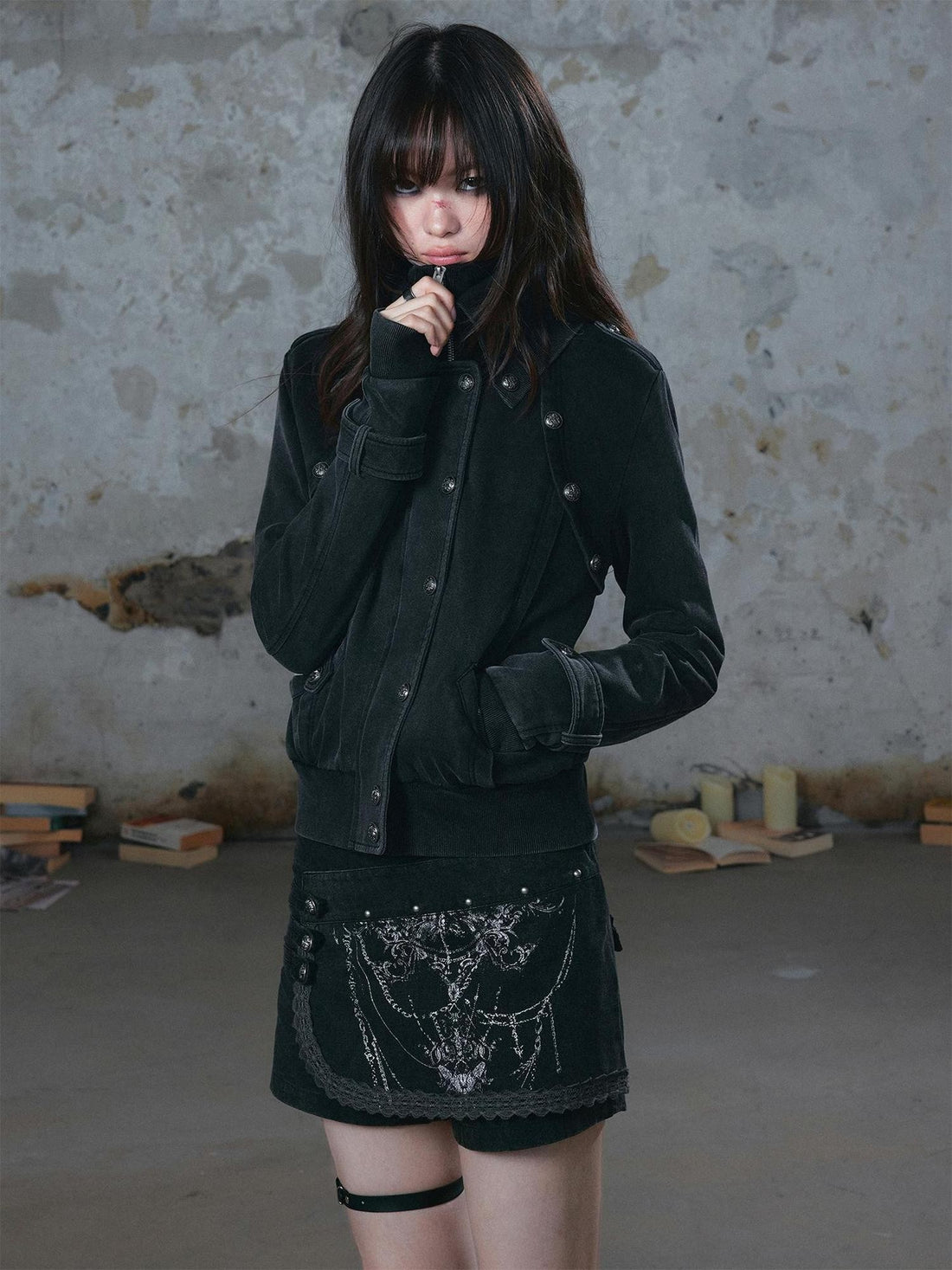 Cest Nous Distressed Washed Double Collar Patchwork Knit Women&