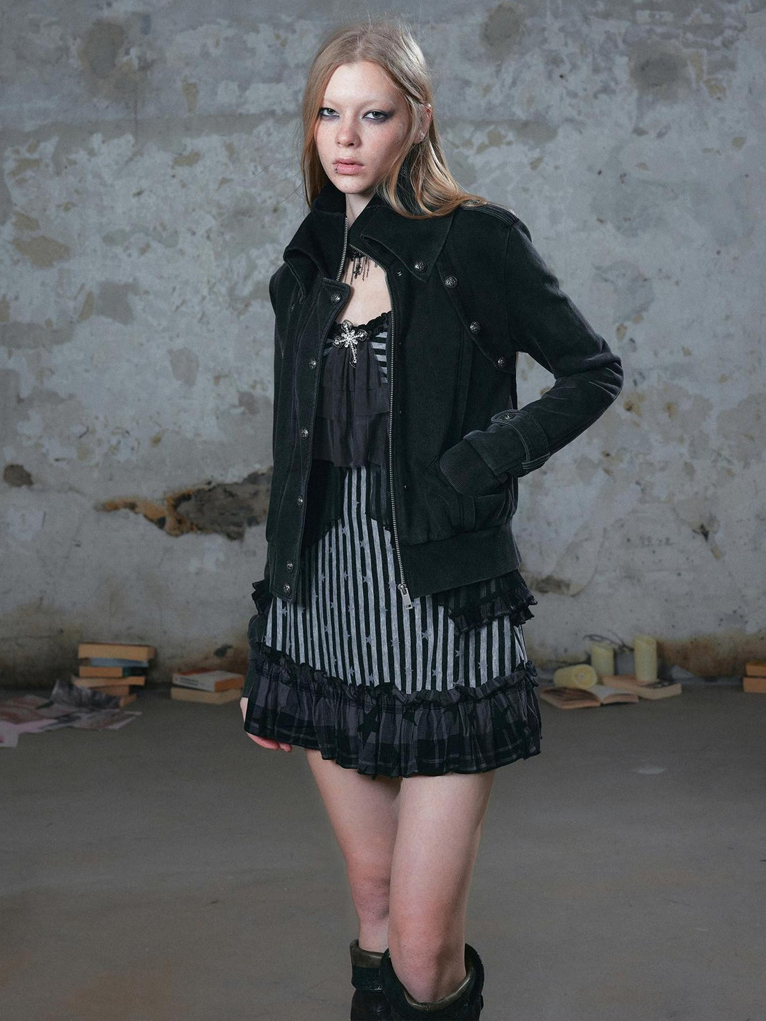 Cest Nous Distressed Washed Double Collar Patchwork Knit Women&