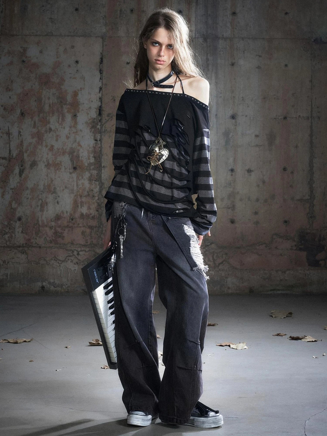 Double Waist Distressed Denim Pants With Asymmetrical Flap