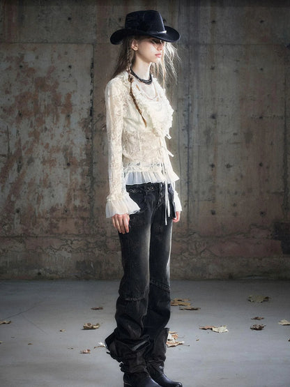 Double Waist Muddy Wash Low Rise Flared Jeans