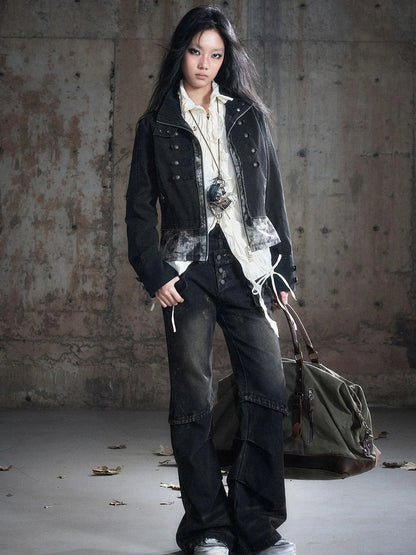 Double Waist Muddy Wash Low Rise Flared Jeans