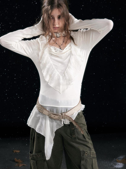 Cest Nous Edgy Punk Flared Hem Patchwork Women Commute Long Sleeve Lyocell Spandex Blouse